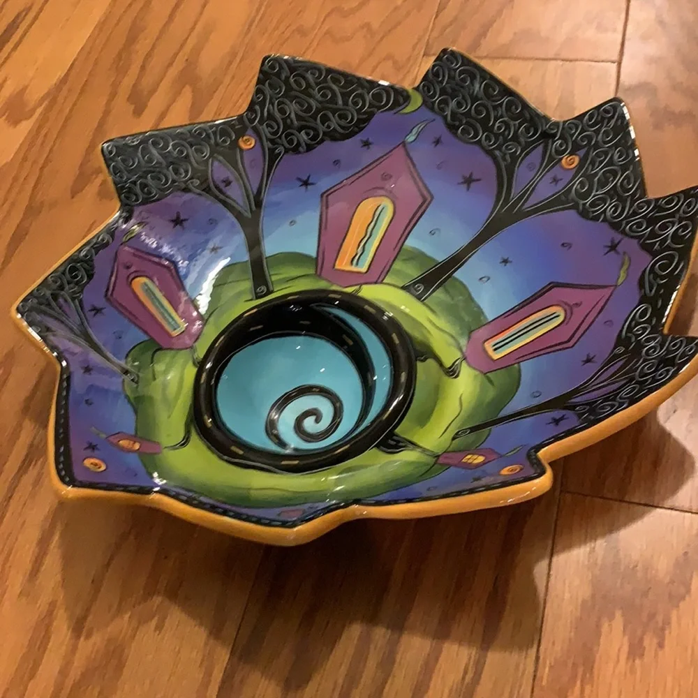 Surrealist designed Halloween platter with a dip and chip area.
